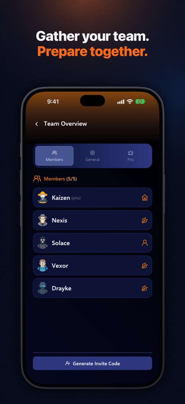 Gather your team. Prepare together. The team overview with five members.